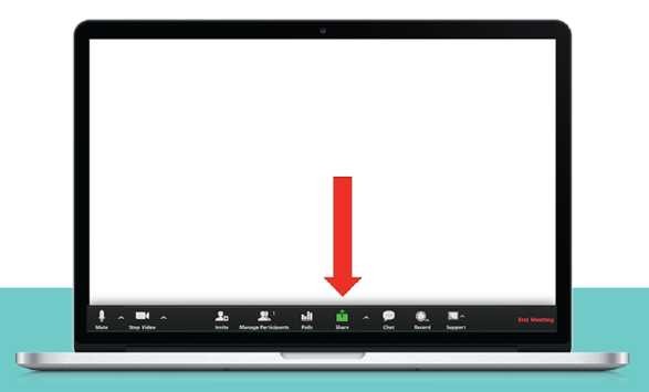 Graphic of computer showing how to share your screen on Zoom